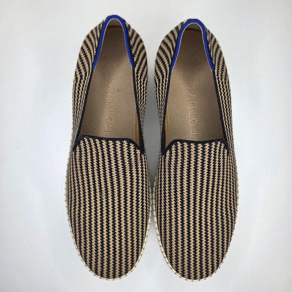 Rothys The Sneaker Sand‎ Shell Tan Black Stripe Slip On Shoes Womens 11.5